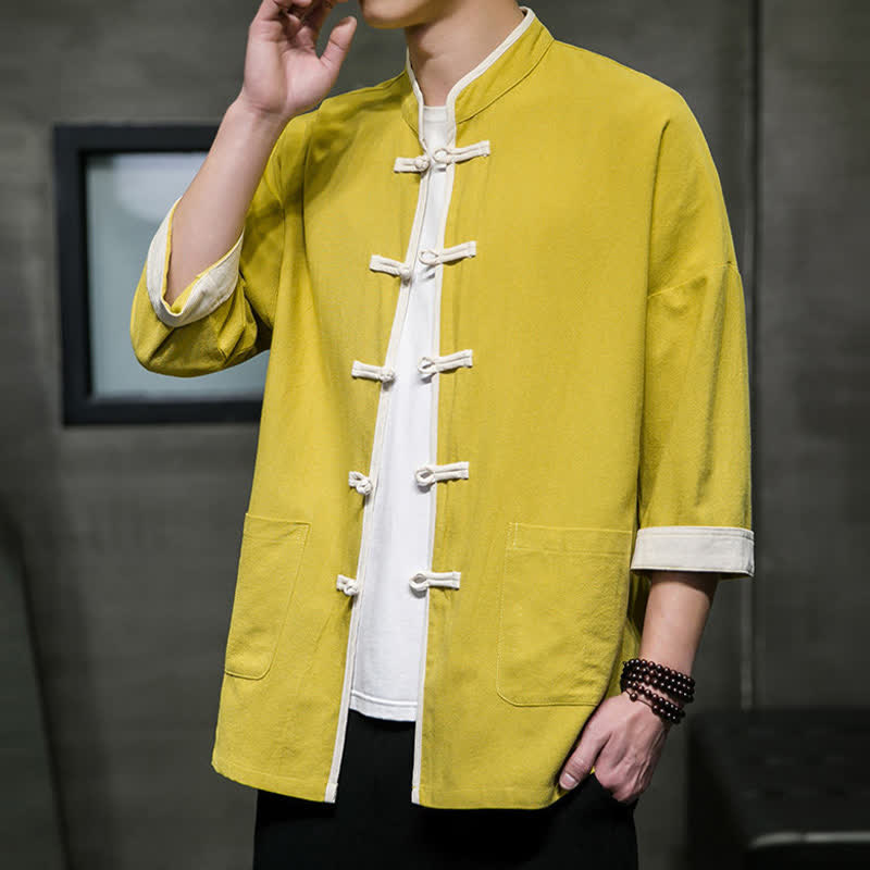 Nimara Ritual Summer Tang Style Mandarin Collar Color Blocking Frog Button Men's Short Sleeve Shirts With Pockets