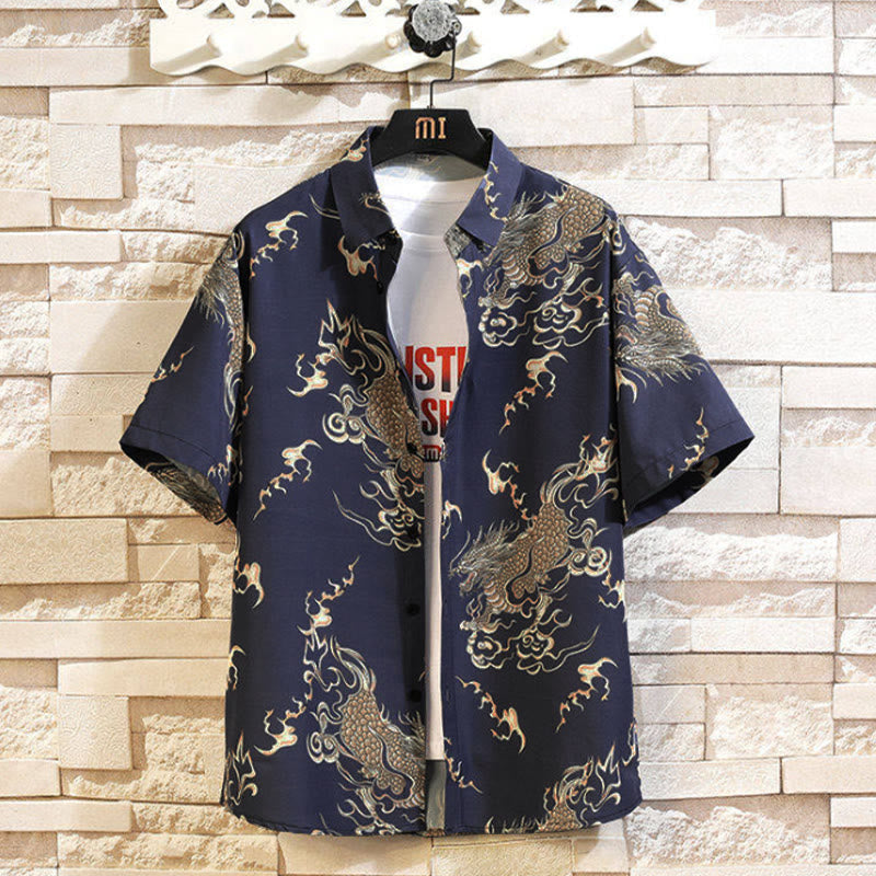 Nimara Ritual Summer Dragon Pattern Buttons Up Men's Short Sleeve Shirts