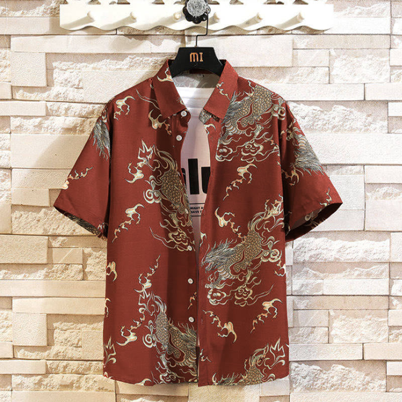 Nimara Ritual Summer Dragon Pattern Buttons Up Men's Short Sleeve Shirts