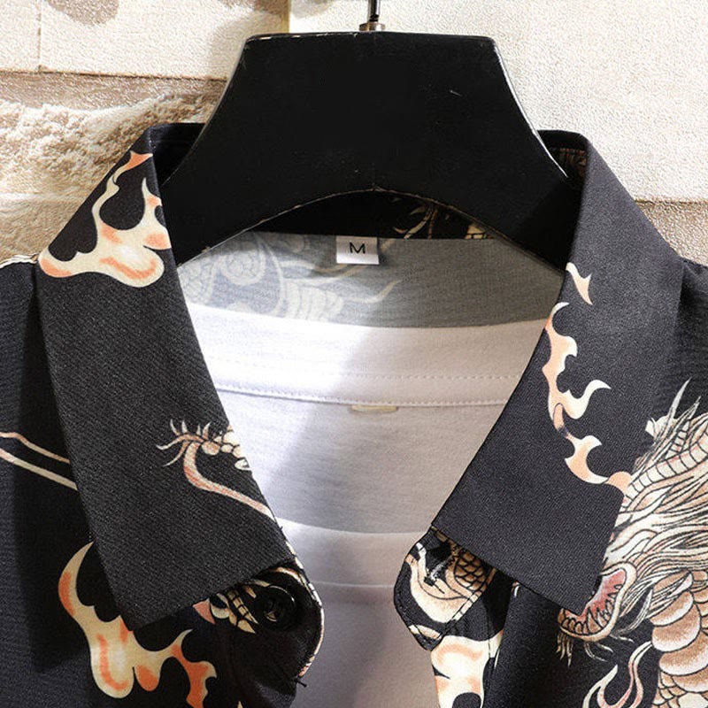 Nimara Ritual Summer Dragon Pattern Buttons Up Men's Short Sleeve Shirts