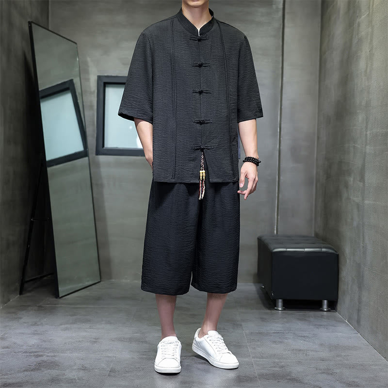 Nimara Ritual 2Pcs Summer Tang Style Frog Button Solid Elbow-Length Sleeve Shirt Cropped Pants Men's Meditation Cloth With Pockets