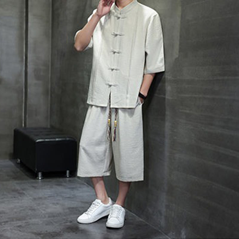 Nimara Ritual 2Pcs Summer Tang Style Frog Button Solid Elbow-Length Sleeve Shirt Cropped Pants Men's Meditation Cloth With Pockets