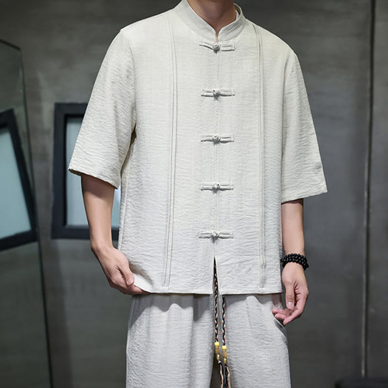 Nimara Ritual 2Pcs Summer Tang Style Frog Button Solid Elbow-Length Sleeve Shirt Cropped Pants Men's Meditation Cloth With Pockets