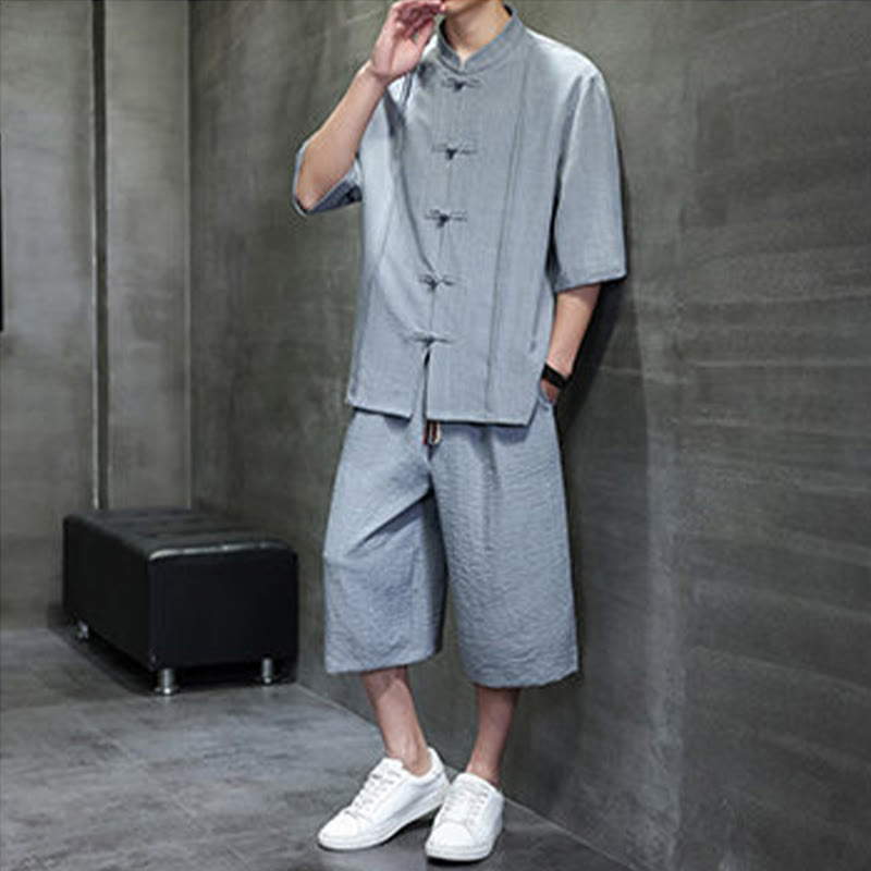 Nimara Ritual 2Pcs Summer Tang Style Frog Button Solid Elbow-Length Sleeve Shirt Cropped Pants Men's Meditation Cloth With Pockets