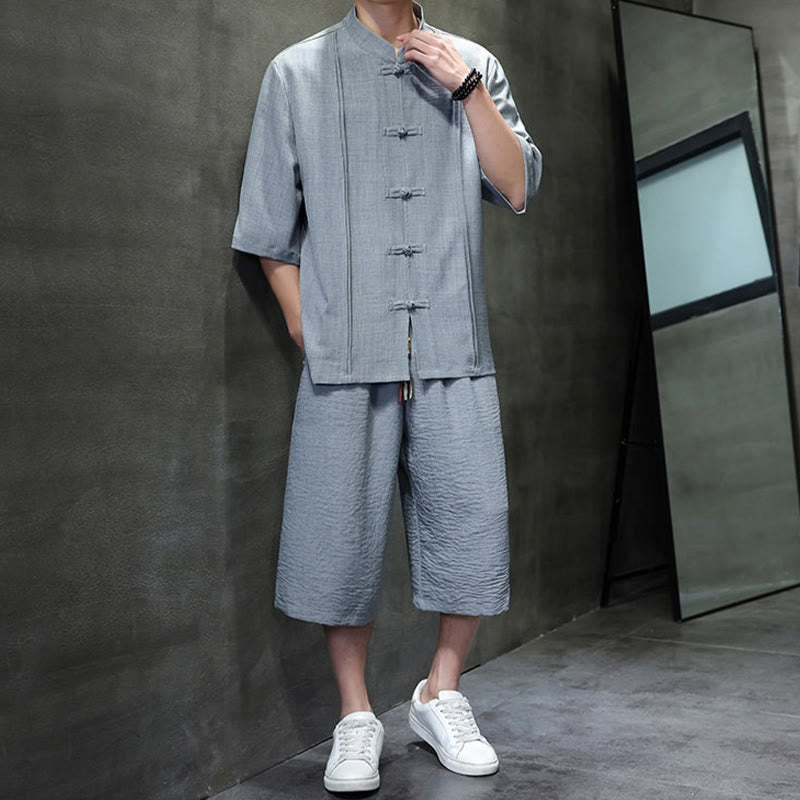Nimara Ritual 2Pcs Summer Tang Style Frog Button Solid Elbow-Length Sleeve Shirt Cropped Pants Men's Meditation Cloth With Pockets