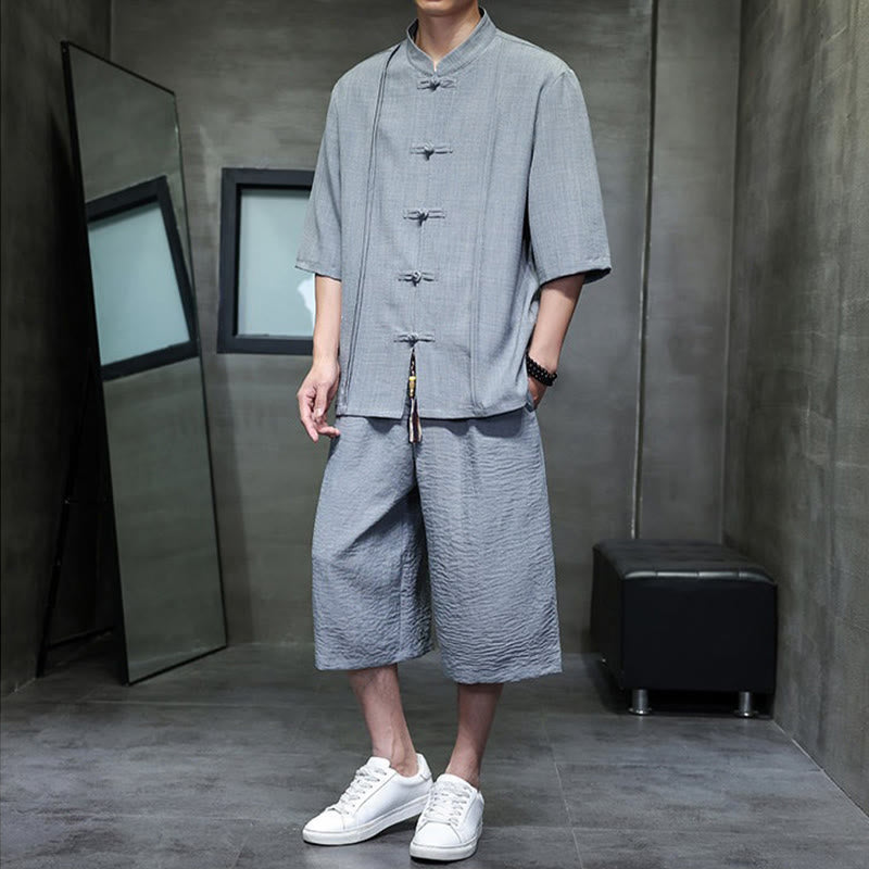 Nimara Ritual 2Pcs Summer Tang Style Frog Button Solid Elbow-Length Sleeve Shirt Cropped Pants Men's Meditation Cloth With Pockets