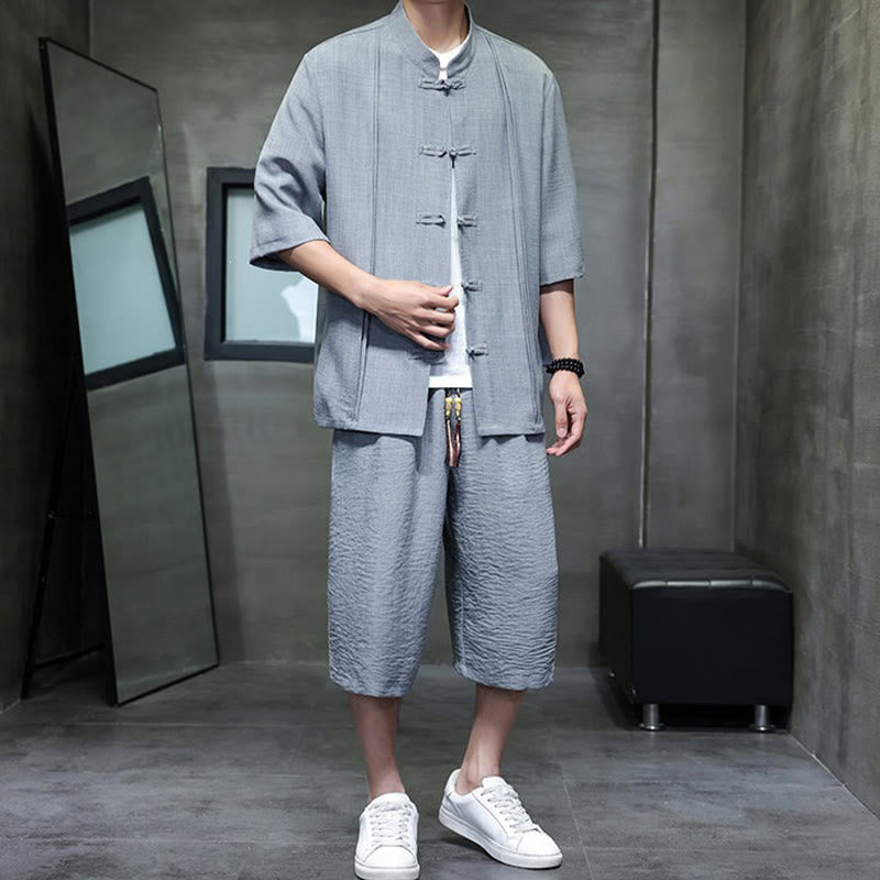 Nimara Ritual 2Pcs Summer Tang Style Frog Button Solid Elbow-Length Sleeve Shirt Cropped Pants Men's Meditation Cloth With Pockets