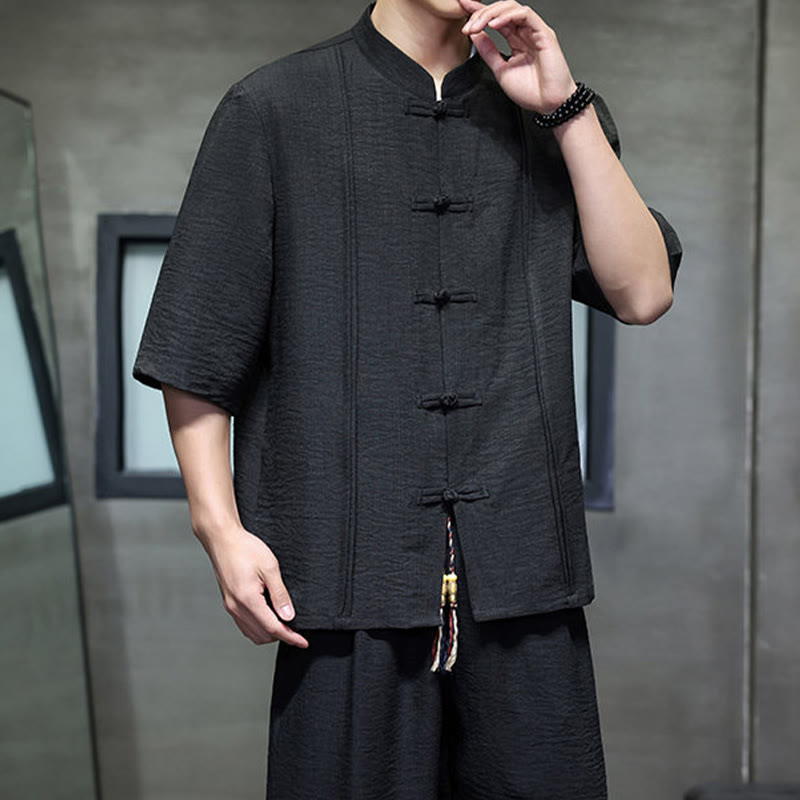 Nimara Ritual 2Pcs Summer Tang Style Frog Button Solid Elbow-Length Sleeve Shirt Cropped Pants Men's Meditation Cloth With Pockets