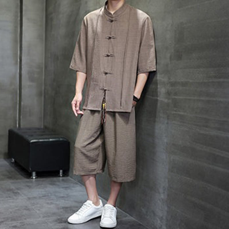 Nimara Ritual 2Pcs Summer Tang Style Frog Button Solid Elbow-Length Sleeve Shirt Cropped Pants Men's Meditation Cloth With Pockets
