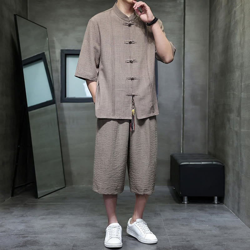 Nimara Ritual 2Pcs Summer Tang Style Frog Button Solid Elbow-Length Sleeve Shirt Cropped Pants Men's Meditation Cloth With Pockets