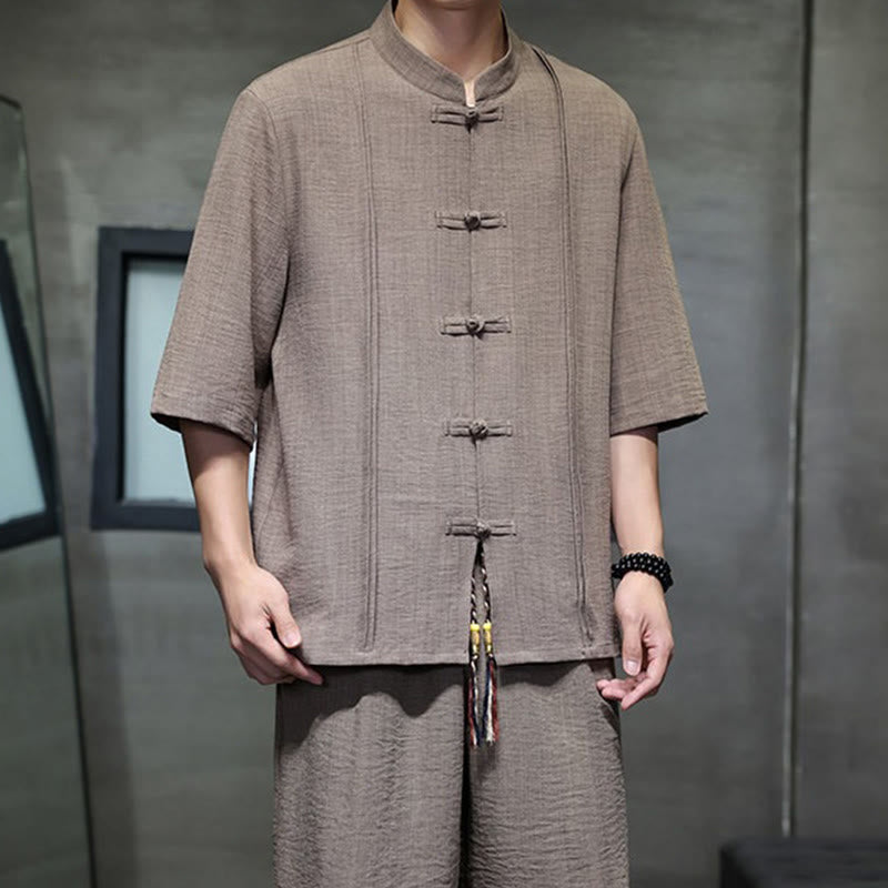 Nimara Ritual 2Pcs Summer Tang Style Frog Button Solid Elbow-Length Sleeve Shirt Cropped Pants Men's Meditation Cloth With Pockets