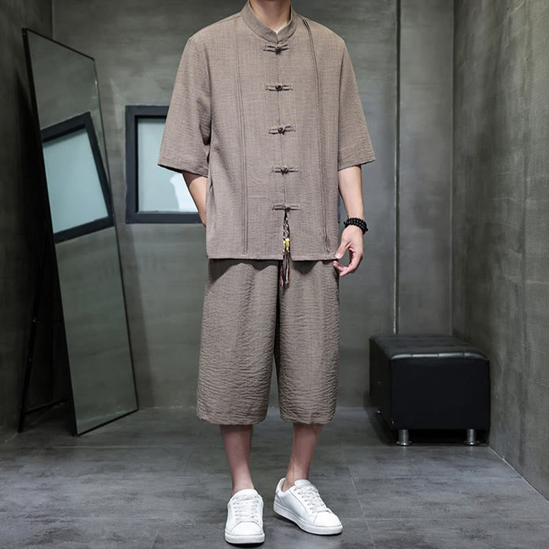 Nimara Ritual 2Pcs Summer Tang Style Frog Button Solid Elbow-Length Sleeve Shirt Cropped Pants Men's Meditation Cloth With Pockets