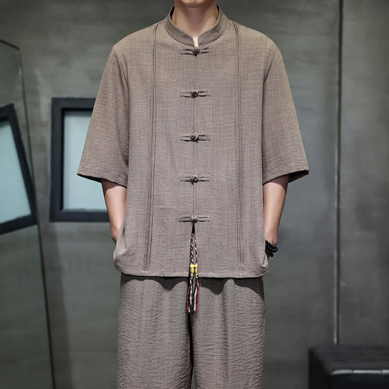 Nimara Ritual 2Pcs Summer Tang Style Frog Button Solid Elbow-Length Sleeve Shirt Cropped Pants Men's Meditation Cloth With Pockets