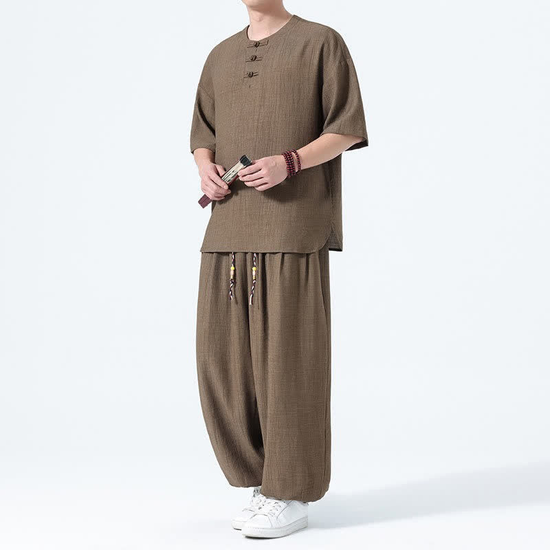 Nimara Ritual 2Pcs Summer Tang Style Frog Button Solid Short Sleeve Shirt Harem Pants Men's Meditation Cloth With Pockets