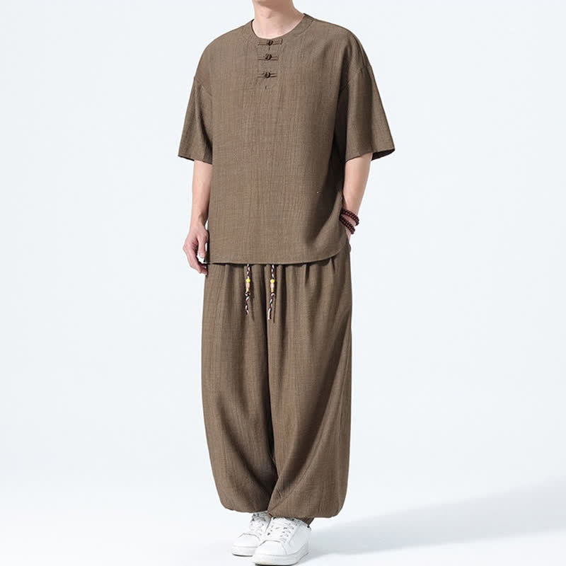 Nimara Ritual 2Pcs Summer Tang Style Frog Button Solid Short Sleeve Shirt Harem Pants Men's Meditation Cloth With Pockets