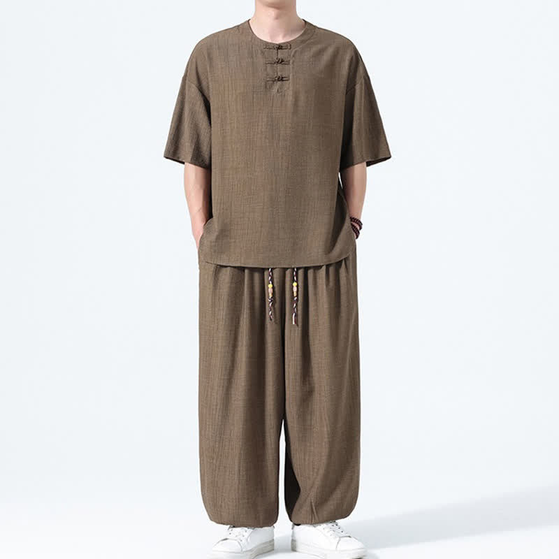 Nimara Ritual 2Pcs Summer Tang Style Frog Button Solid Short Sleeve Shirt Harem Pants Men's Meditation Cloth With Pockets