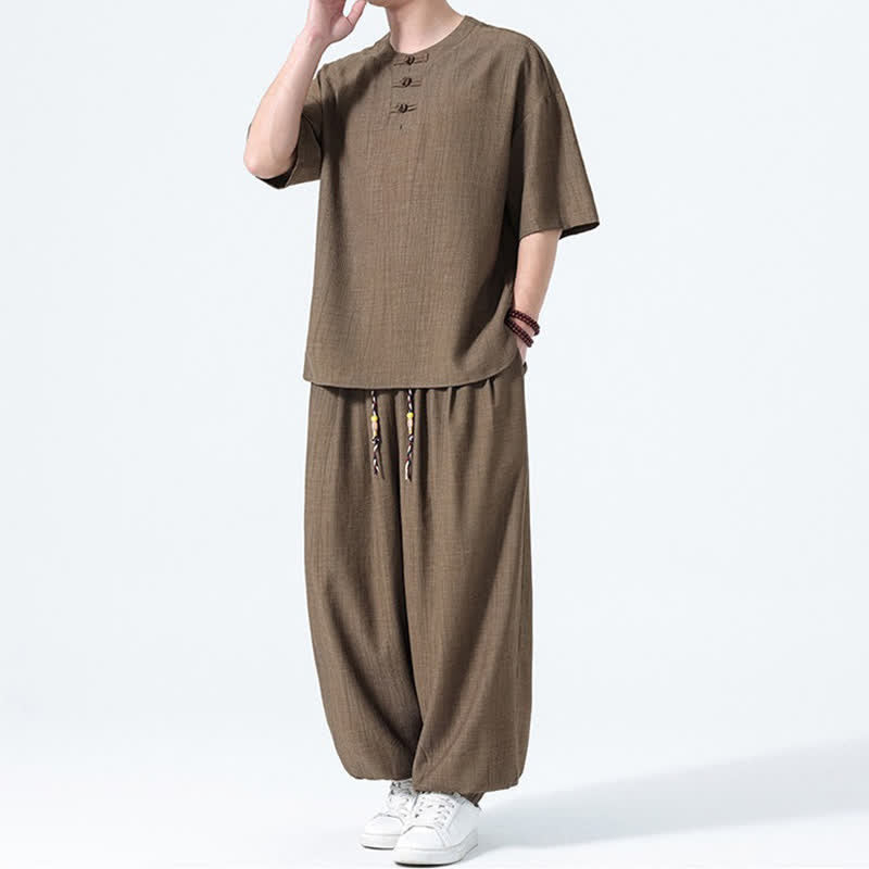 Nimara Ritual 2Pcs Summer Tang Style Frog Button Solid Short Sleeve Shirt Harem Pants Men's Meditation Cloth With Pockets