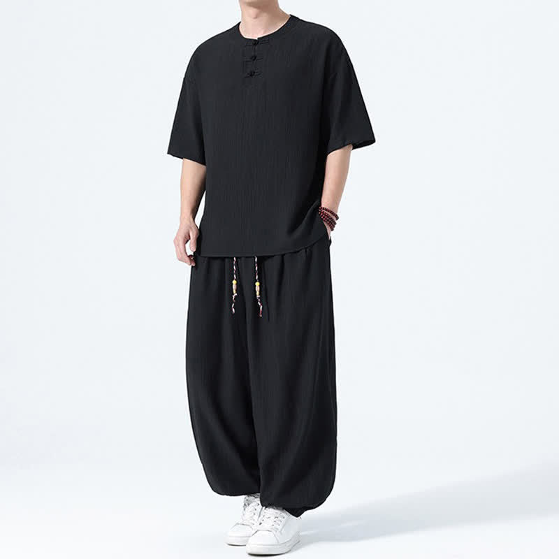 Nimara Ritual 2Pcs Summer Tang Style Frog Button Solid Short Sleeve Shirt Harem Pants Men's Meditation Cloth With Pockets