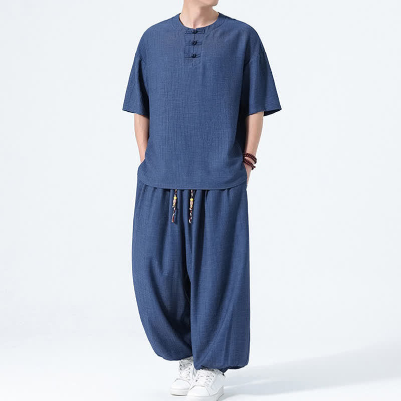 Nimara Ritual 2Pcs Summer Tang Style Frog Button Solid Short Sleeve Shirt Harem Pants Men's Meditation Cloth With Pockets