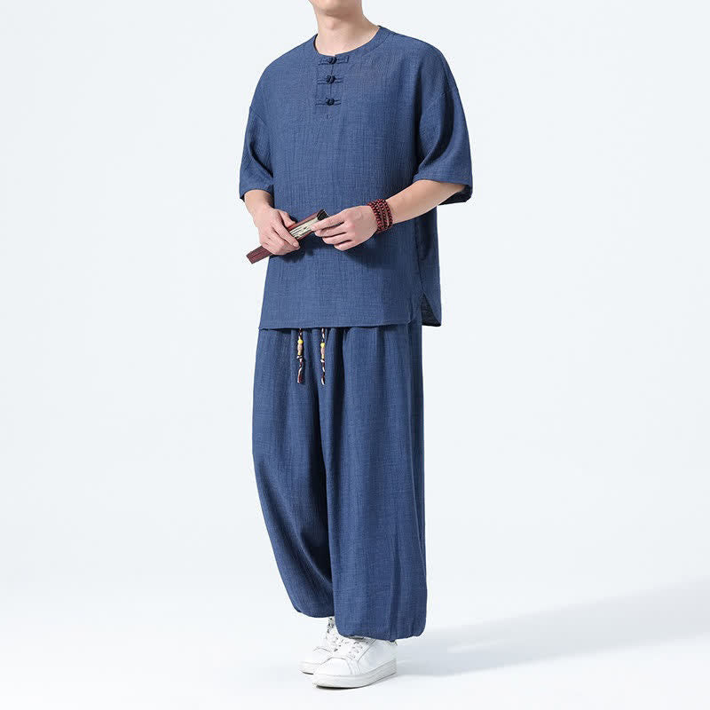 Nimara Ritual 2Pcs Summer Tang Style Frog Button Solid Short Sleeve Shirt Harem Pants Men's Meditation Cloth With Pockets