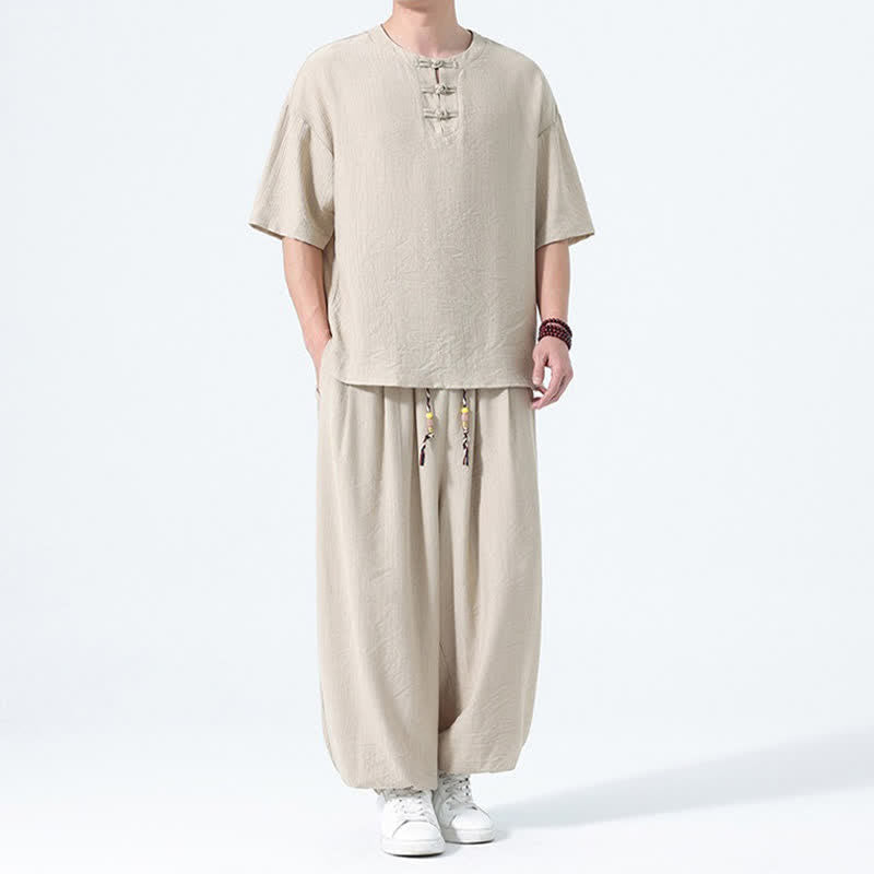 Nimara Ritual 2Pcs Summer Tang Style Frog Button Solid Short Sleeve Shirt Harem Pants Men's Meditation Cloth With Pockets