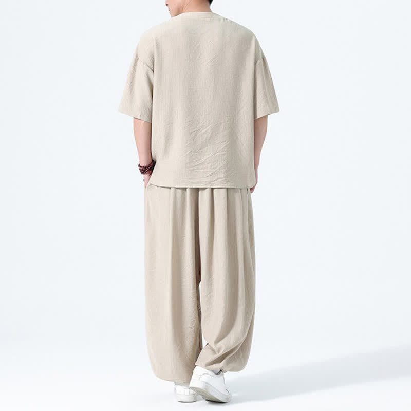 Nimara Ritual 2Pcs Summer Tang Style Frog Button Solid Short Sleeve Shirt Harem Pants Men's Meditation Cloth With Pockets
