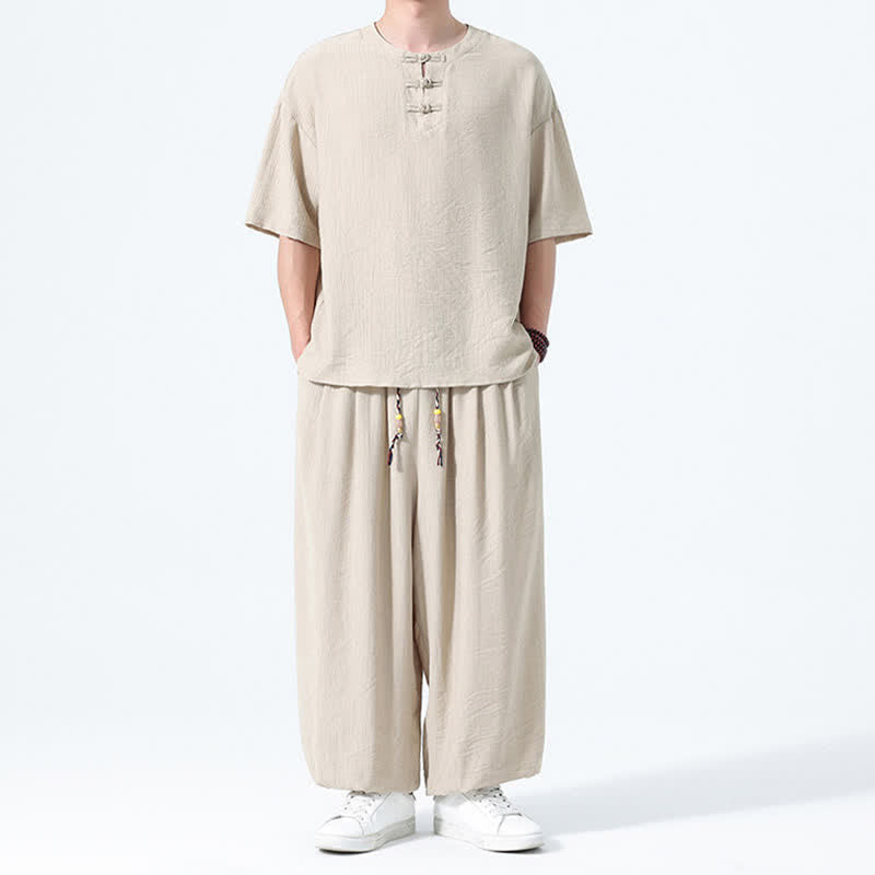 Nimara Ritual 2Pcs Summer Tang Style Frog Button Solid Short Sleeve Shirt Harem Pants Men's Meditation Cloth With Pockets