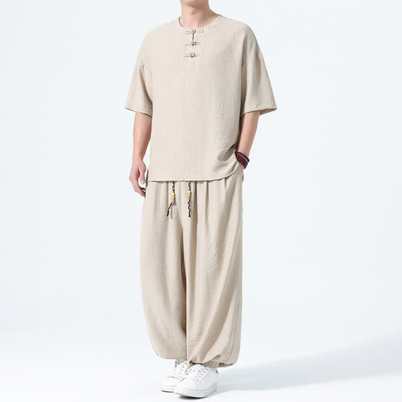 Nimara Ritual 2Pcs Summer Tang Style Frog Button Solid Short Sleeve Shirt Harem Pants Men's Meditation Cloth With Pockets