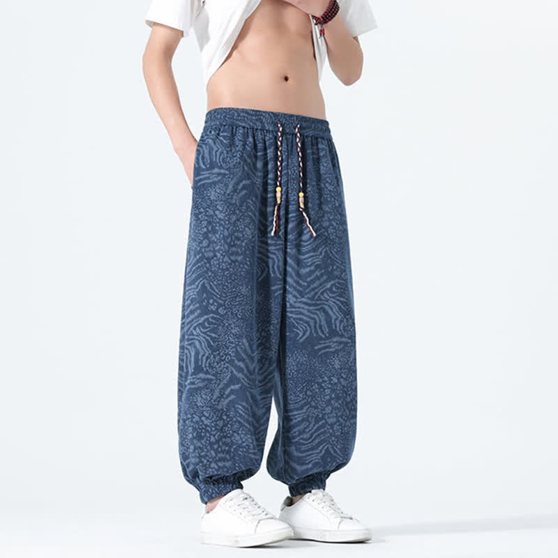 Nimara Ritual Spring Summer Casual Boho Drawstring Leopard Cropped Pants Men's Harem Pants With Pockets