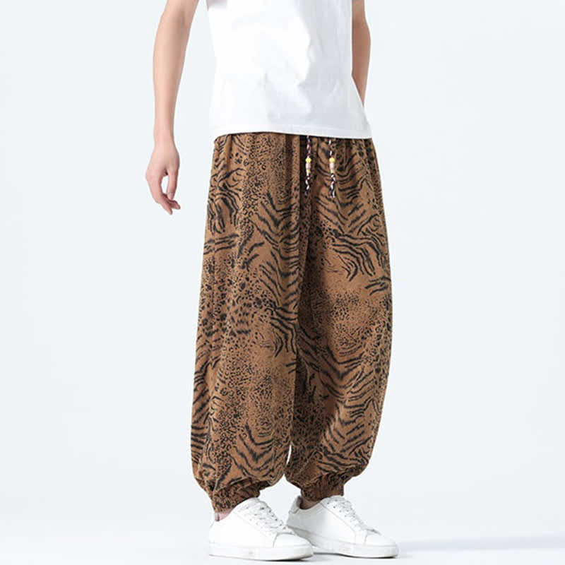 Nimara Ritual Spring Summer Casual Boho Drawstring Leopard Cropped Pants Men's Harem Pants With Pockets