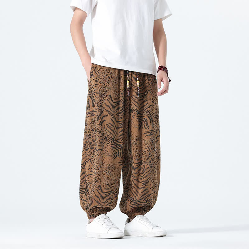 Nimara Ritual Spring Summer Casual Boho Drawstring Leopard Cropped Pants Men's Harem Pants With Pockets