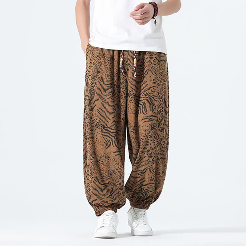 Nimara Ritual Spring Summer Casual Boho Drawstring Leopard Cropped Pants Men's Harem Pants With Pockets