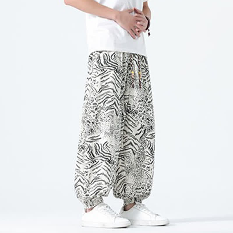 Nimara Ritual Spring Summer Casual Boho Drawstring Leopard Cropped Pants Men's Harem Pants With Pockets