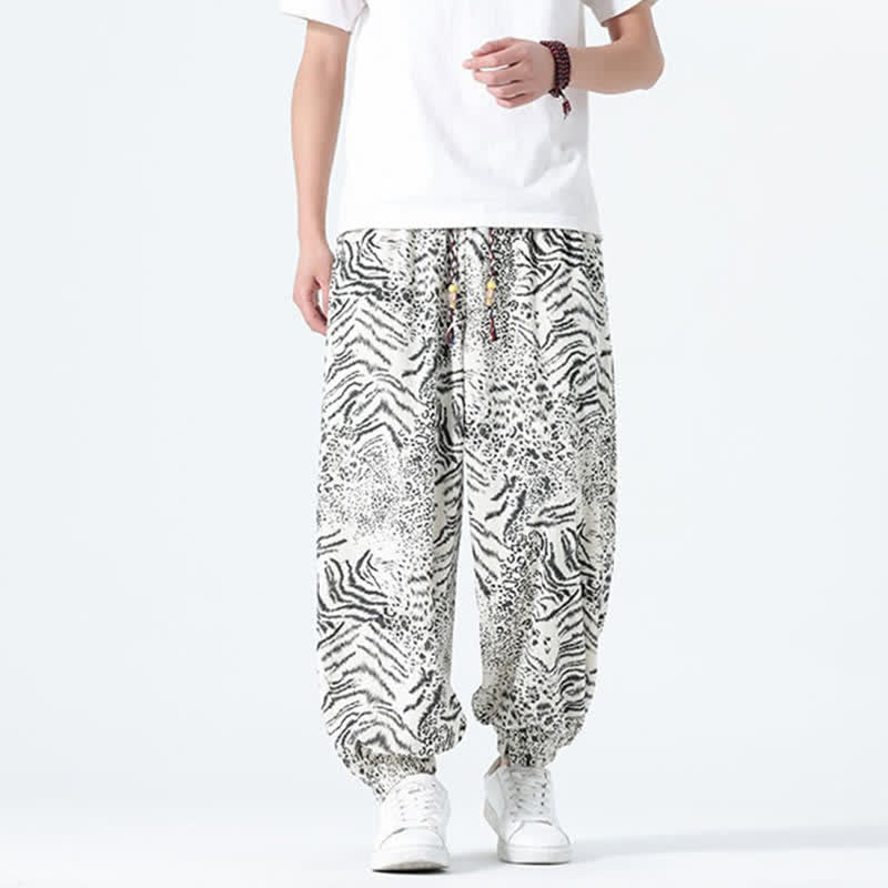 Nimara Ritual Spring Summer Casual Boho Drawstring Leopard Cropped Pants Men's Harem Pants With Pockets