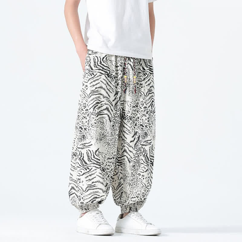 Nimara Ritual Spring Summer Casual Boho Drawstring Leopard Cropped Pants Men's Harem Pants With Pockets