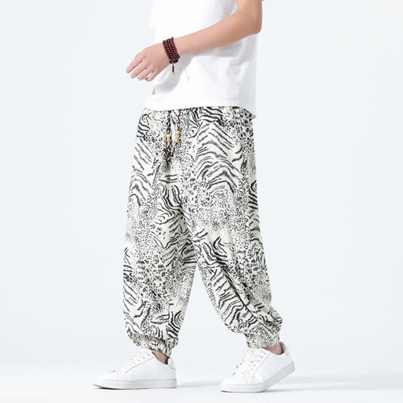 Nimara Ritual Spring Summer Casual Boho Drawstring Leopard Cropped Pants Men's Harem Pants With Pockets
