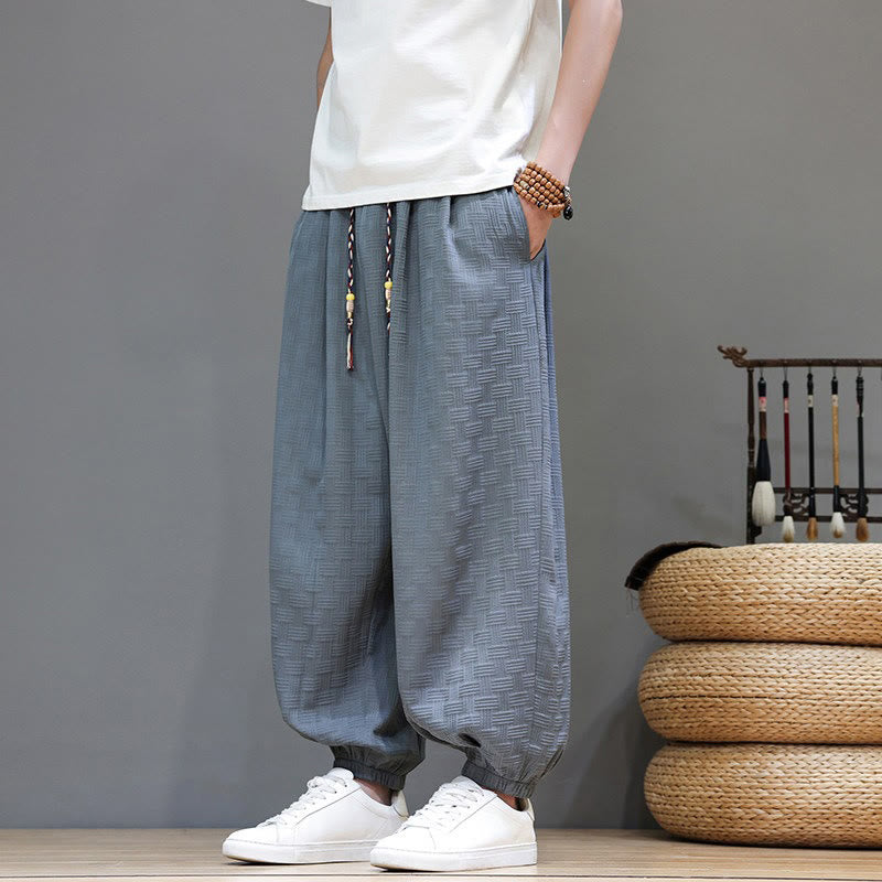 Nimara Ritual Summer Casual Drawstring Solid Woven Rattan Texture Pattern Ankle Pants Men's Harem Pants With Pocket