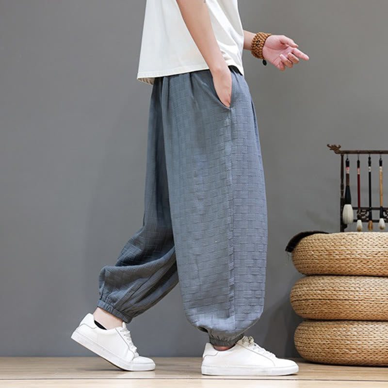 Nimara Ritual Summer Casual Drawstring Solid Woven Rattan Texture Pattern Ankle Pants Men's Harem Pants With Pocket