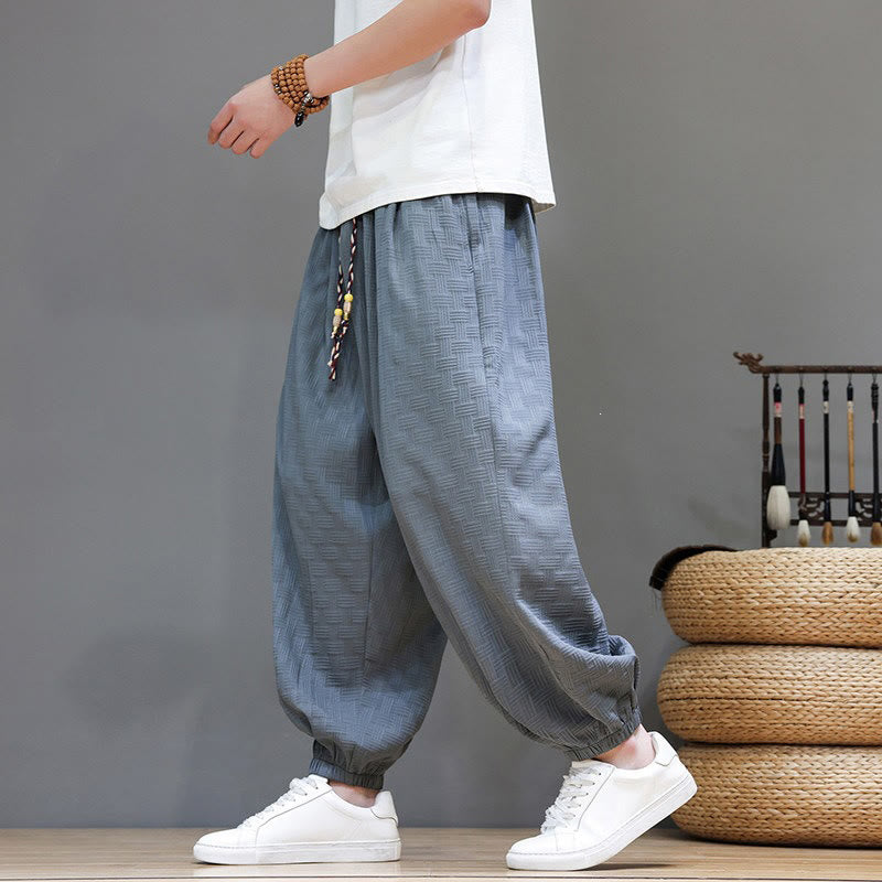 Nimara Ritual Summer Casual Drawstring Solid Woven Rattan Texture Pattern Ankle Pants Men's Harem Pants With Pocket