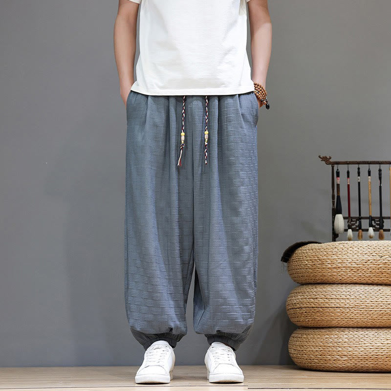 Nimara Ritual Summer Casual Drawstring Solid Woven Rattan Texture Pattern Ankle Pants Men's Harem Pants With Pocket