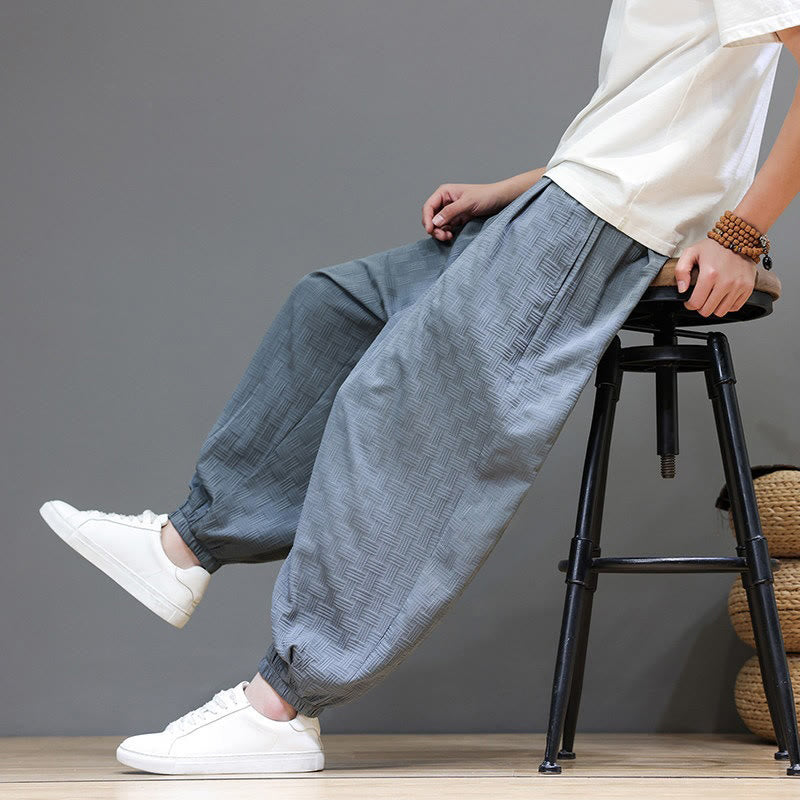 Nimara Ritual Summer Casual Drawstring Solid Woven Rattan Texture Pattern Ankle Pants Men's Harem Pants With Pocket