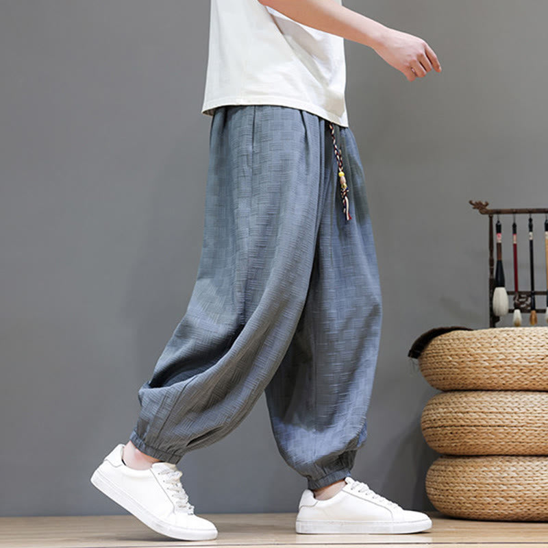 Nimara Ritual Summer Casual Drawstring Solid Woven Rattan Texture Pattern Ankle Pants Men's Harem Pants With Pocket