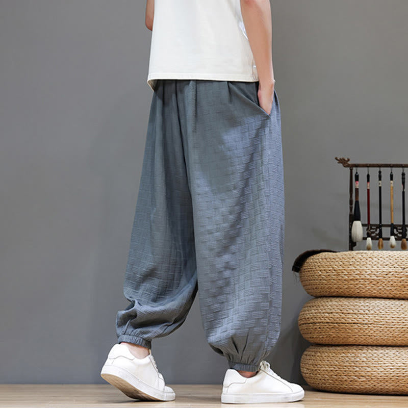 Nimara Ritual Summer Casual Drawstring Solid Woven Rattan Texture Pattern Ankle Pants Men's Harem Pants With Pocket