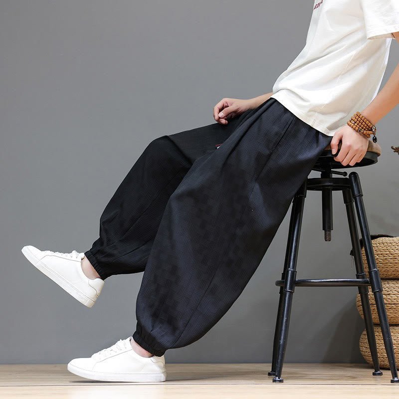Nimara Ritual Summer Casual Drawstring Solid Woven Rattan Texture Pattern Ankle Pants Men's Harem Pants With Pocket