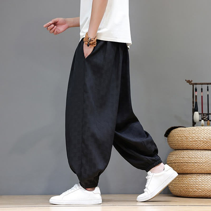 Nimara Ritual Summer Casual Drawstring Solid Woven Rattan Texture Pattern Ankle Pants Men's Harem Pants With Pocket