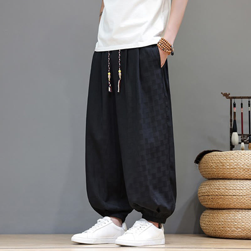 Nimara Ritual Summer Casual Drawstring Solid Woven Rattan Texture Pattern Ankle Pants Men's Harem Pants With Pocket