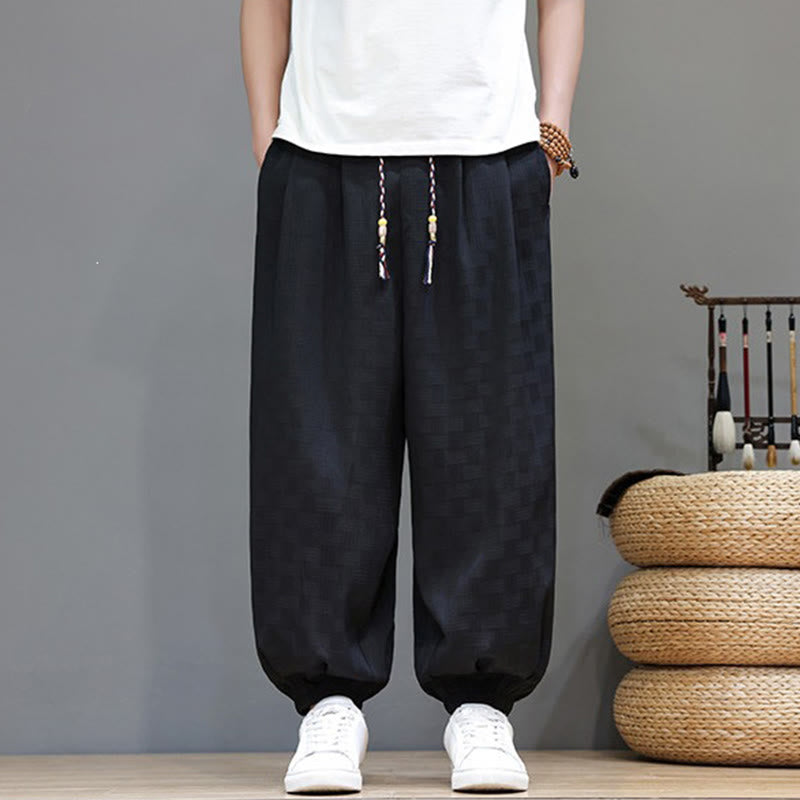 Nimara Ritual Summer Casual Drawstring Solid Woven Rattan Texture Pattern Ankle Pants Men's Harem Pants With Pocket