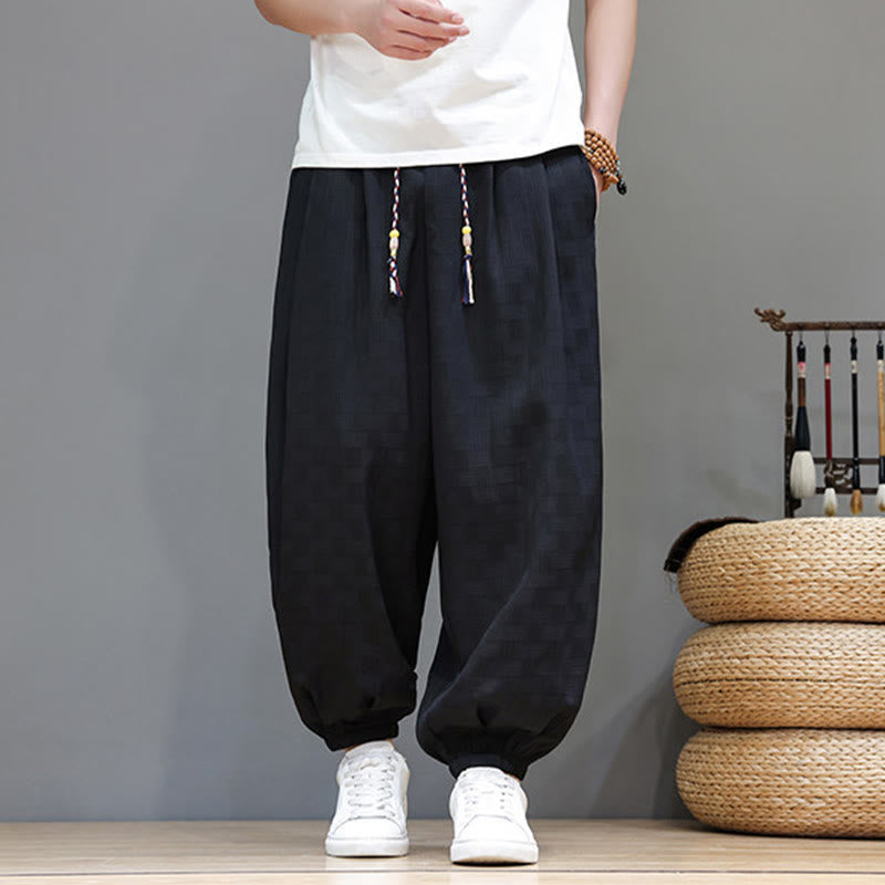 Nimara Ritual Summer Casual Drawstring Solid Woven Rattan Texture Pattern Ankle Pants Men's Harem Pants With Pocket