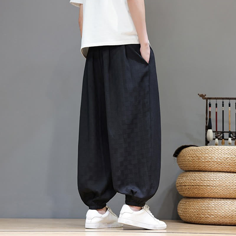 Nimara Ritual Summer Casual Drawstring Solid Woven Rattan Texture Pattern Ankle Pants Men's Harem Pants With Pocket