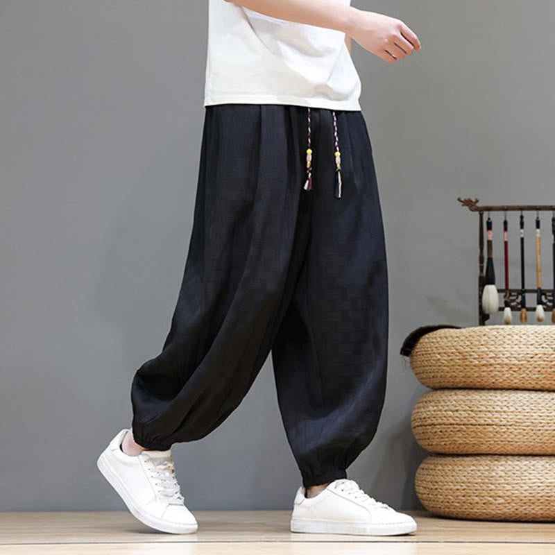Nimara Ritual Summer Casual Drawstring Solid Woven Rattan Texture Pattern Ankle Pants Men's Harem Pants With Pocket